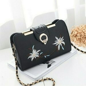 New Black Faux Leather Floral Chain Crossbody Purse
